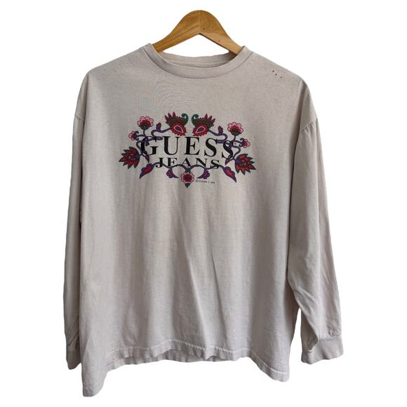 GUESS Jeans Vintage 90s Graphic Long Sleeve Tee White M/L Floral Crewneck Y2K - Picture 1 of 4